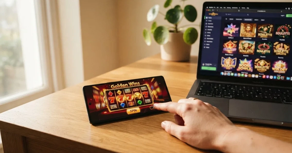 Een close-up van een hand die op een smartphone tikt naast een laptop op een houten bureau, met zacht daglicht op de achtergrond.