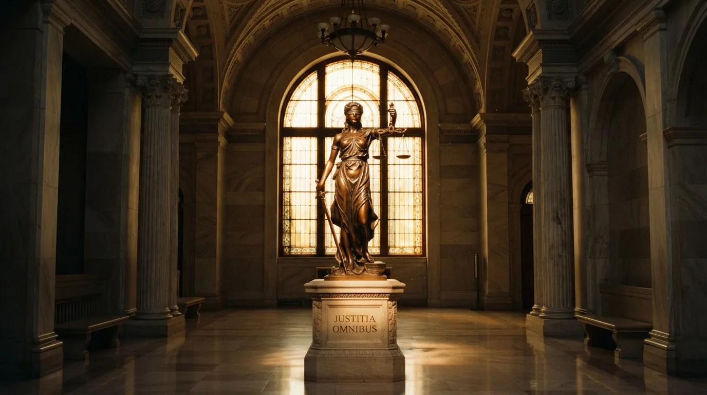 Een bronzen vrouwe Justitia met weegschaal staat voor een grote raampartij in een statig gerechtsgebouw, met zacht ochtendlicht.