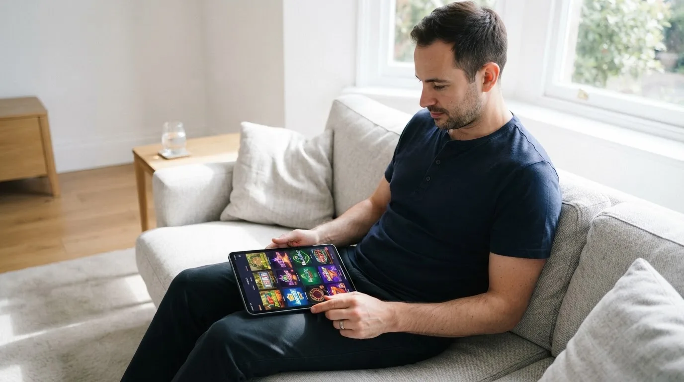 Een man bekijkt op een tablet verschillende casinospellen terwijl hij ontspannen op een bank zit in een lichte woonkamer.