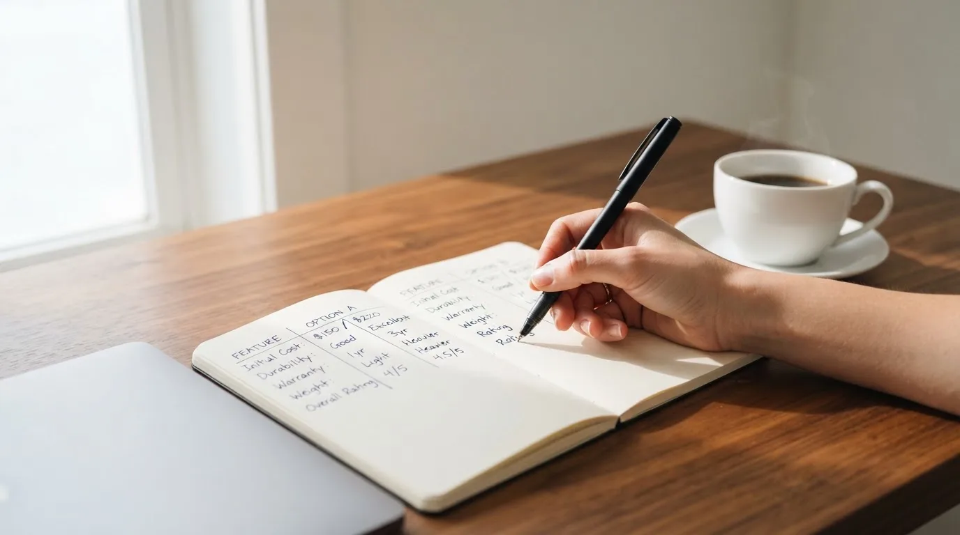 Een hand houdt een pen vast boven een notitieblok naast een kopje koffie op een houten bureau, in zacht ochtendlicht.