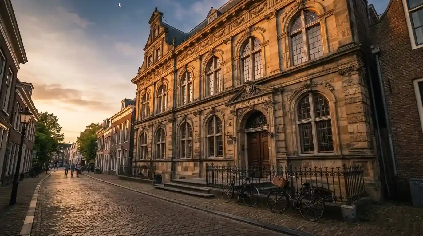 Een gebouw met een klassieke gevel en grote ramen staat in een rustige Nederlandse stad, gefotografeerd bij zonsondergang.