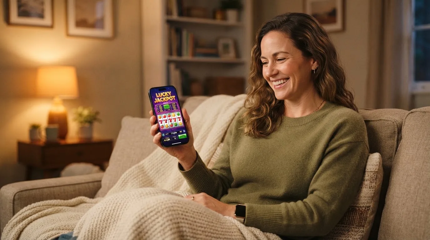 Een volwassen vrouw glimlacht terwijl ze op een smartphone speelt, ontspannen op de bank in een woonkamer met warm lamplicht.