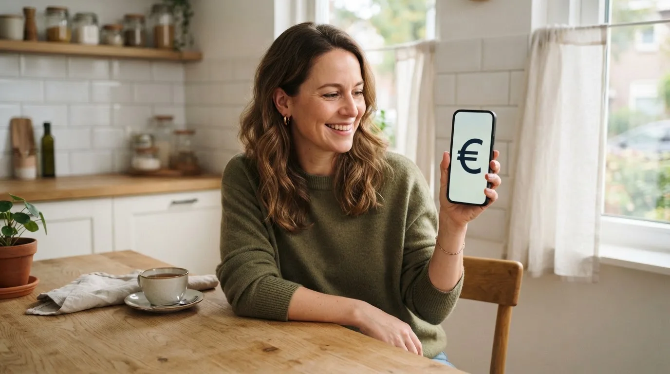Een vrouw houdt haar smartphone vast en glimlacht terwijl ze aan een keukentafel zit met een kop thee ernaast.